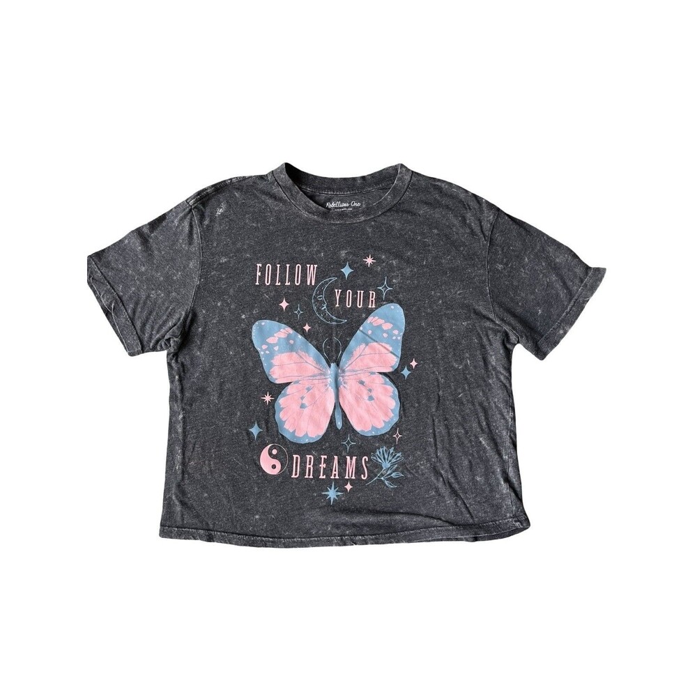 Rebellious One Butterfly Graphic Cropped T Shirt Women’s Medium Acid Wash Boho